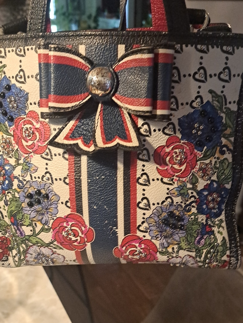 chic Navy, Red and White Floral Bow Accent Shoulder Bag